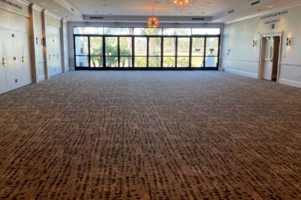 An empty, spacious carpeted room with large windows at the far end and modern lighting fixtures on the ceiling is shown.