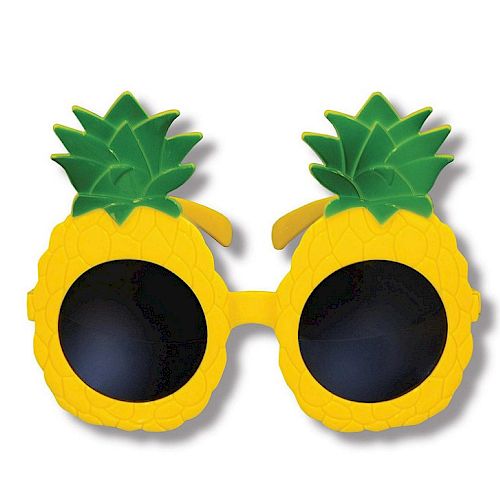 A pair of novelty sunglasses designed to look like pineapples, featuring yellow frames and green leafy tops.