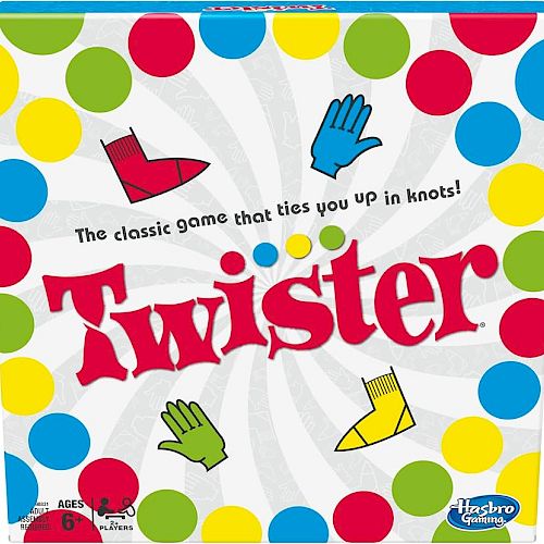 It's a Twister game box featuring colorful dots and illustrations of hands and feet on a spiral background.