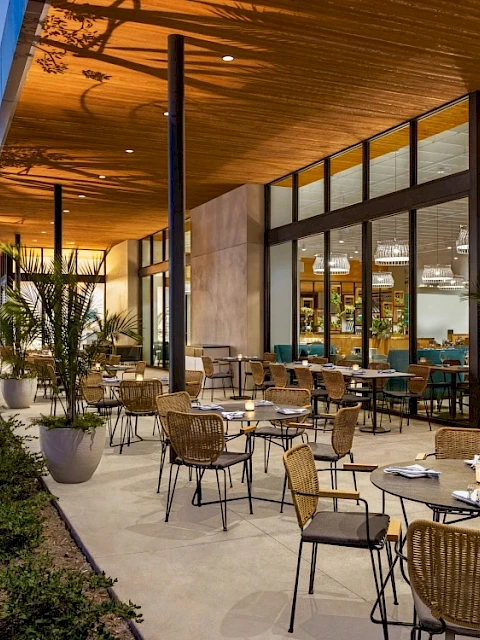 An outdoor dining area with empty tables and chairs, potted plants, and large windows reflecting the interior lights of a building.