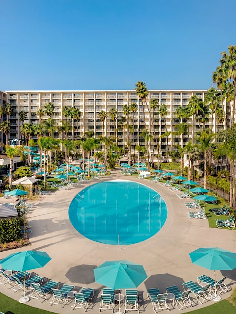 A hotel with a large circular pool, surrounded by blue sun loungers and umbrellas, set amidst palm trees under a clear blue sky.